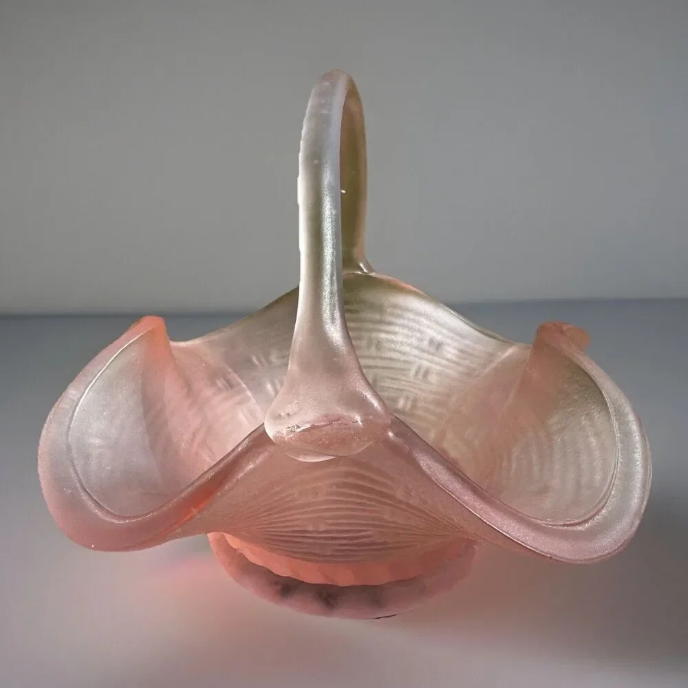 VTG Pink Frosted Satin Glass Basket Weave Small Candy Nut Dish 4.5
